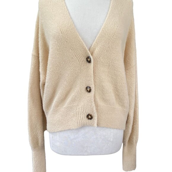Urban Outfitters Oversized Puff Sleeve Button Cardigan Cream Slouchy Fuzzy-S - Picture 3 of 13
